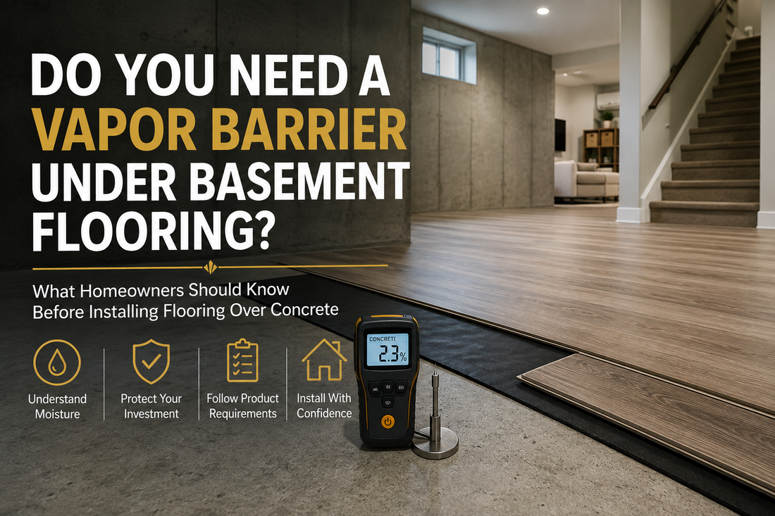 Basement flooring installation over a concrete slab with a moisture meter and vapor barrier beneath luxury vinyl plank flooring.