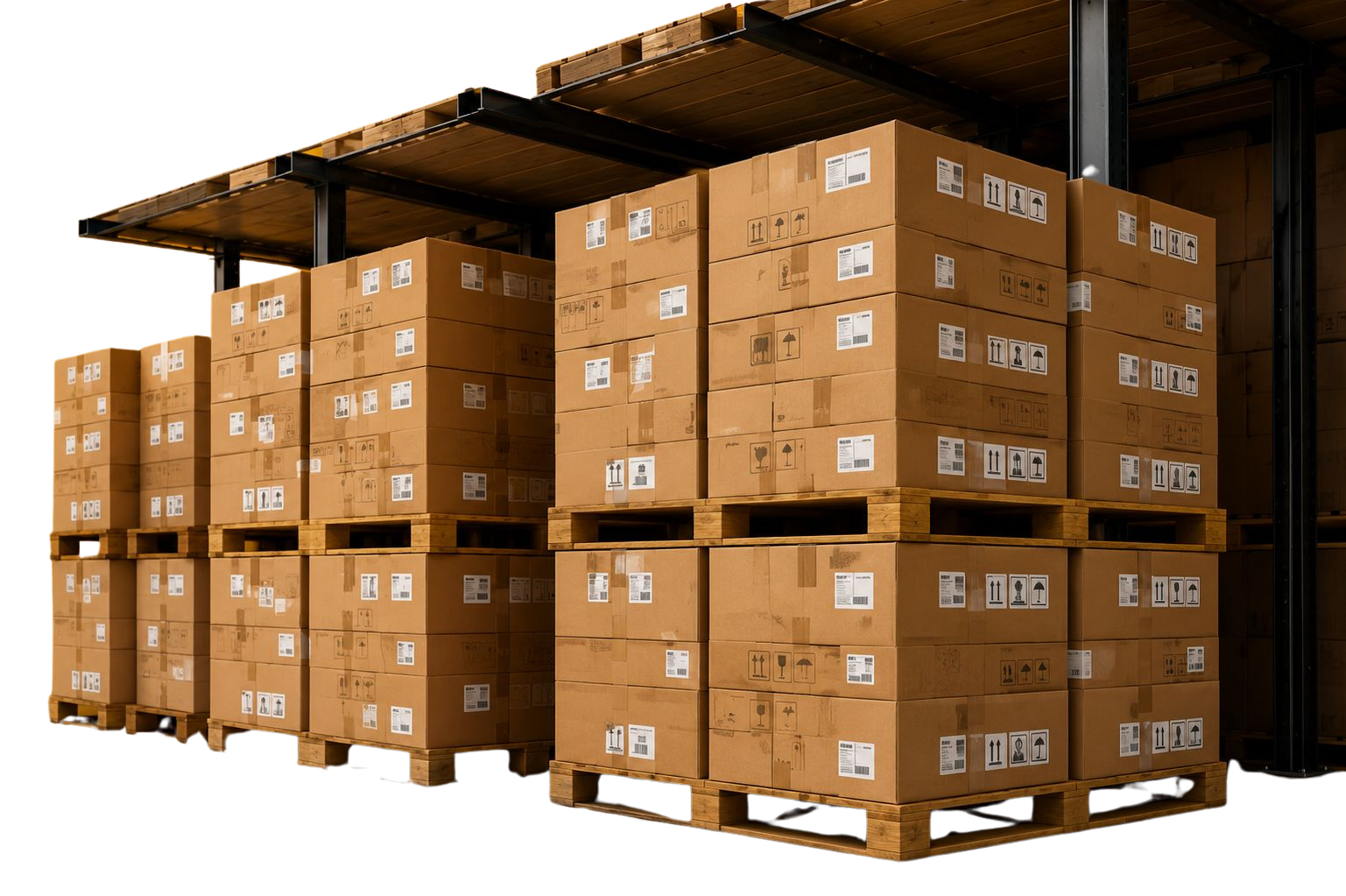 Stack of cardboard boxes on pallets in a warehouse setting