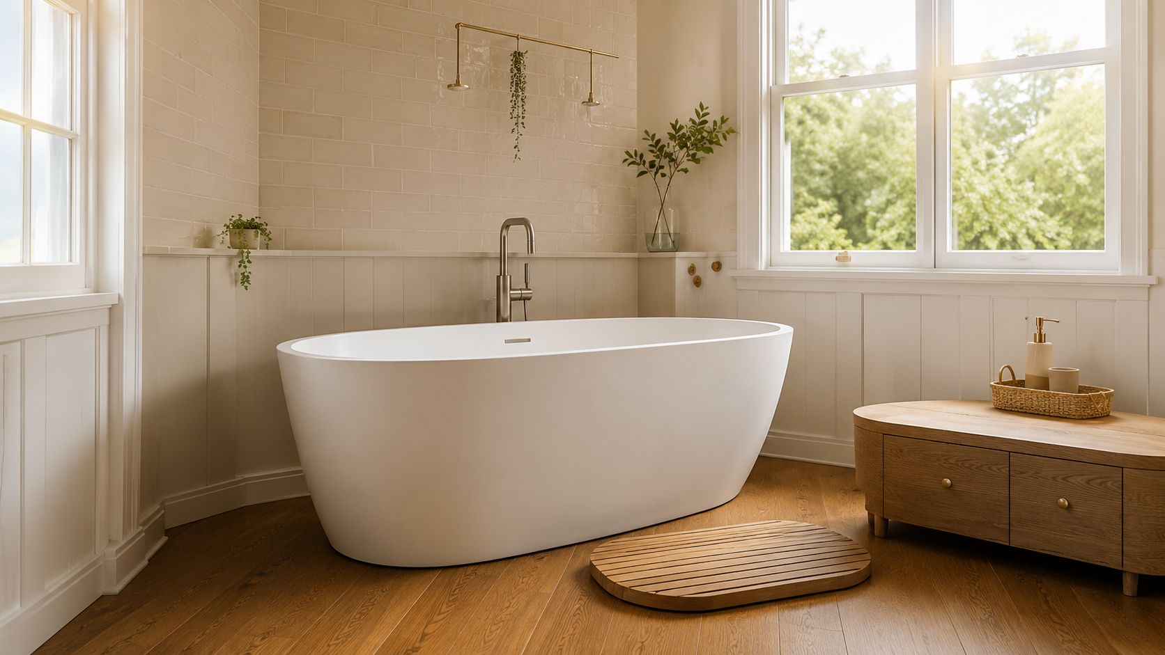 Modern bathroom with a freestanding bathtub, wooden floor, and large windows.