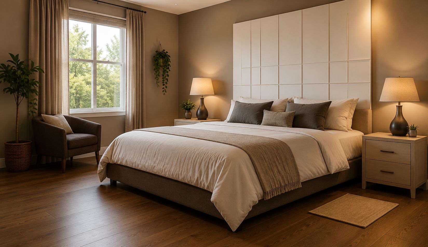 Modern bedroom with a large bed, side tables, and a window.