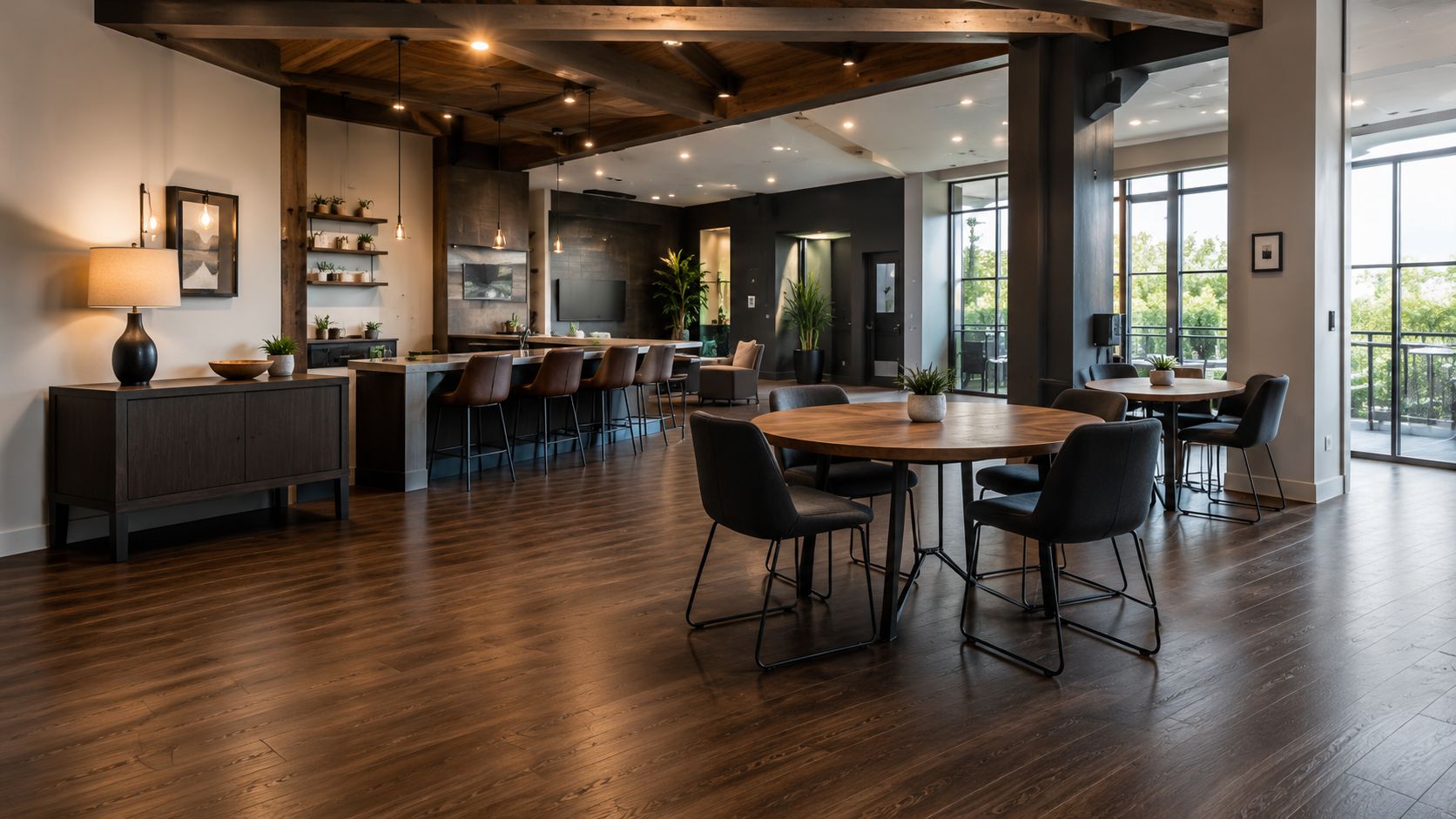 Modern interior design with wooden flooring, furniture, and large windows.