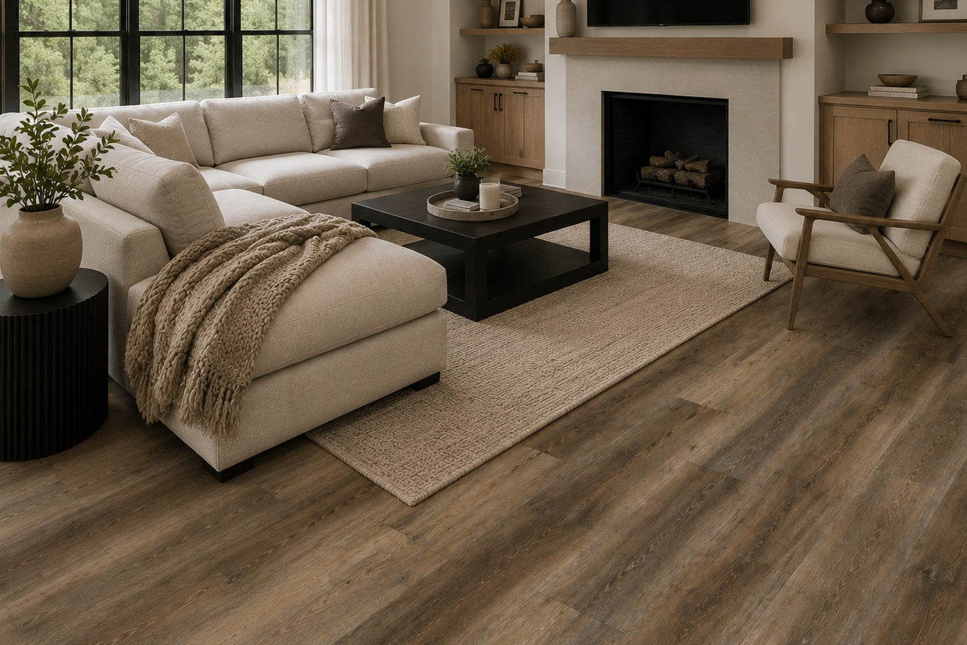 Living room with beige sectional sofa, coffee table, and fireplace.