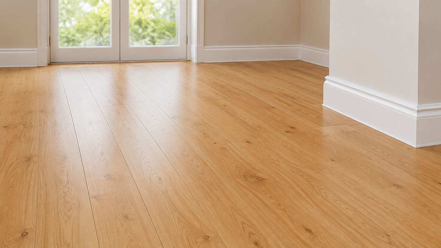 Wooden floor with a large window in the background