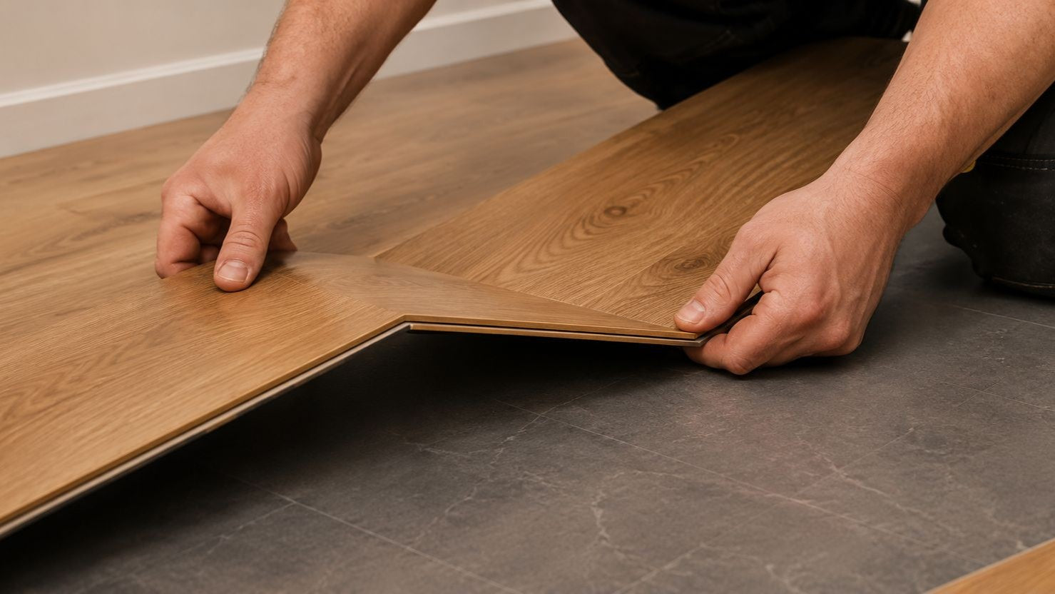 Person installing wooden flooring on a gray floor.