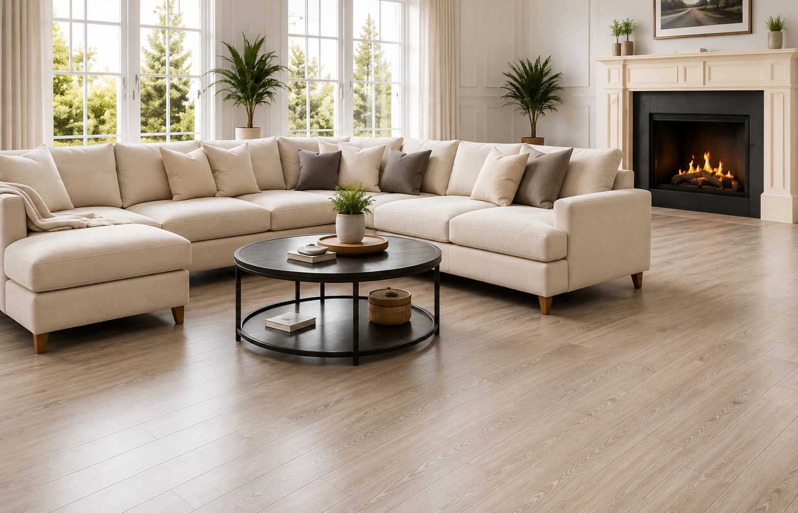 Living room with beige sectional sofa, round coffee table, and fireplace.