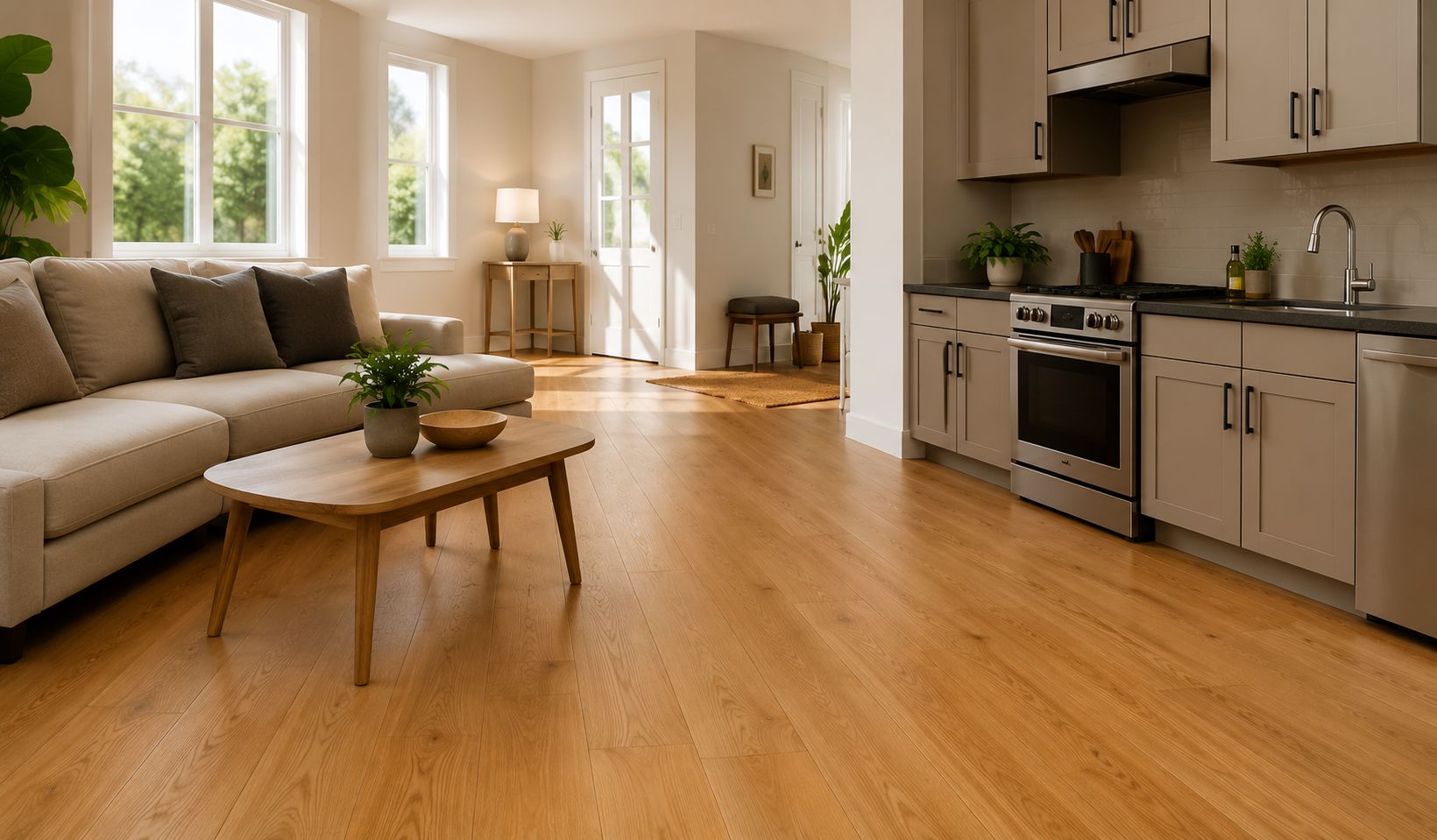 Open-plan living room and kitchen with wooden flooring and modern appliances.