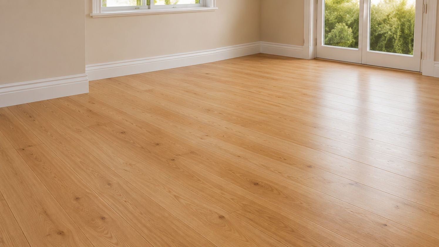 Wooden floor in a room with a window and door