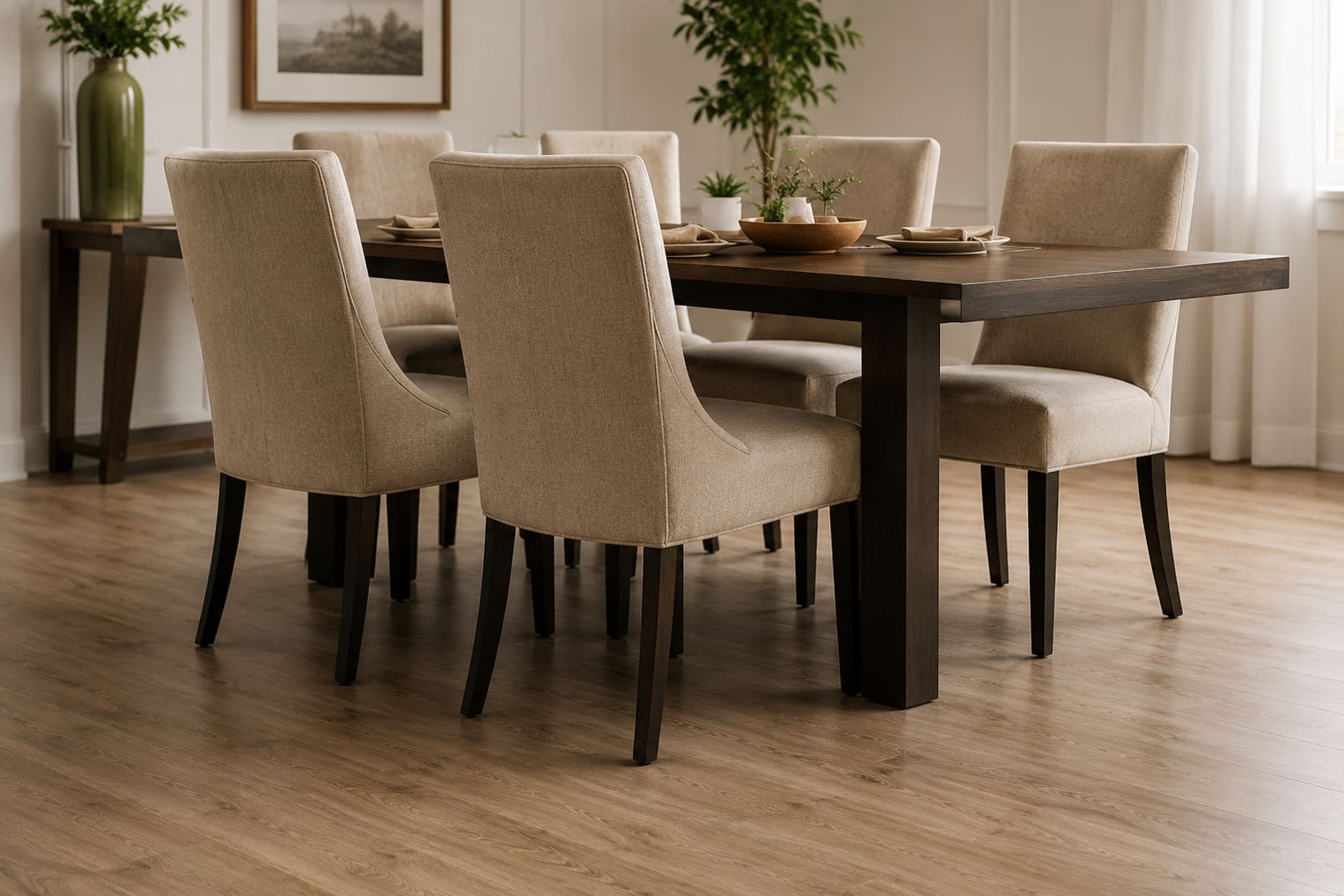 Dining room with a wooden table and beige chairs on a wooden floor.
