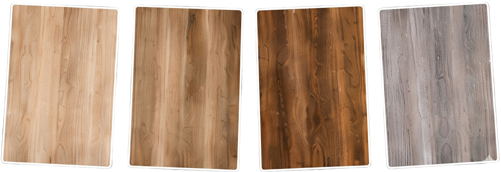 Four wooden cutting boards in different finishes on a white background
