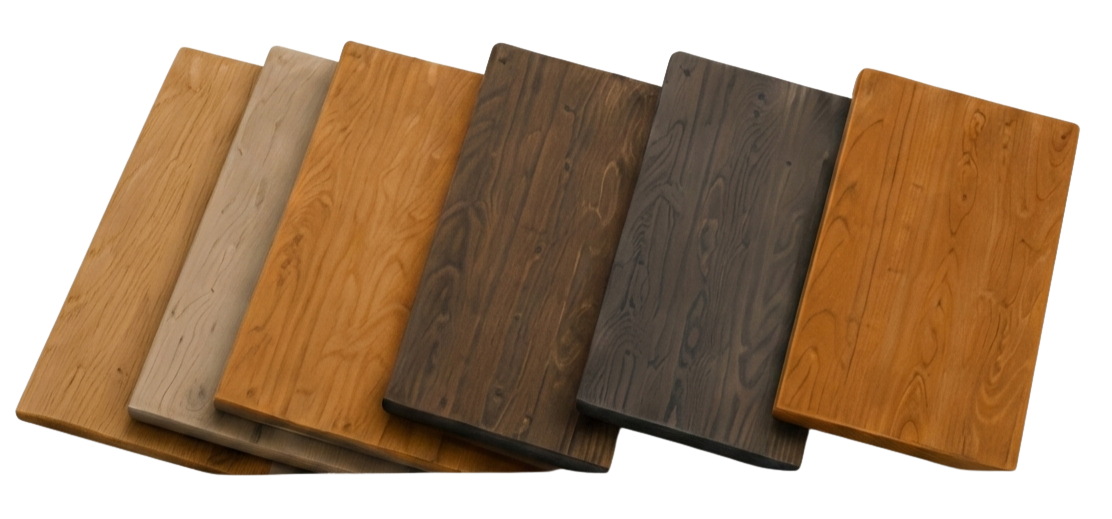 Five wooden boards with different finishes on a white background
