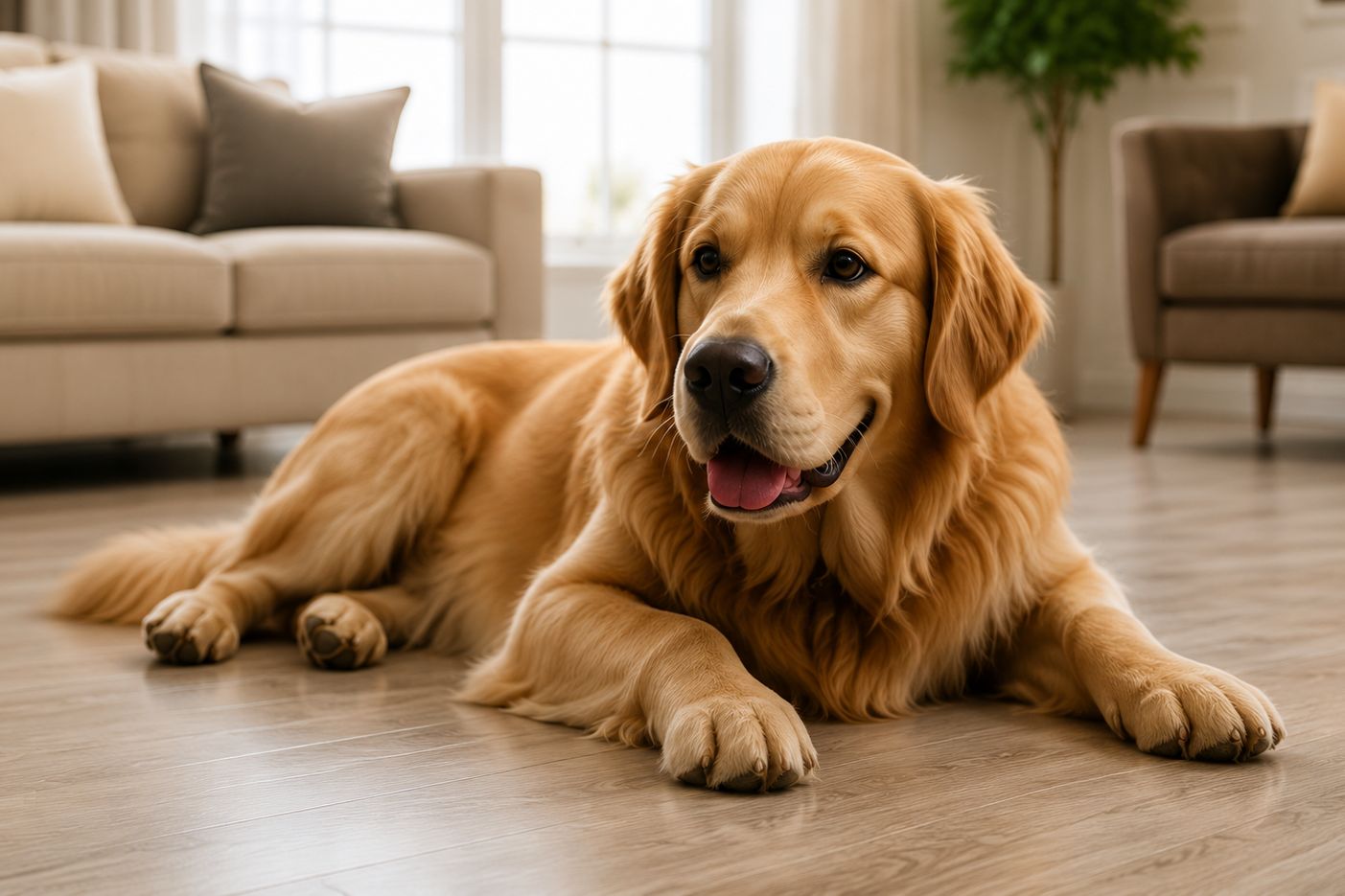 Golden retriever lying on a wooden floor in a living room.