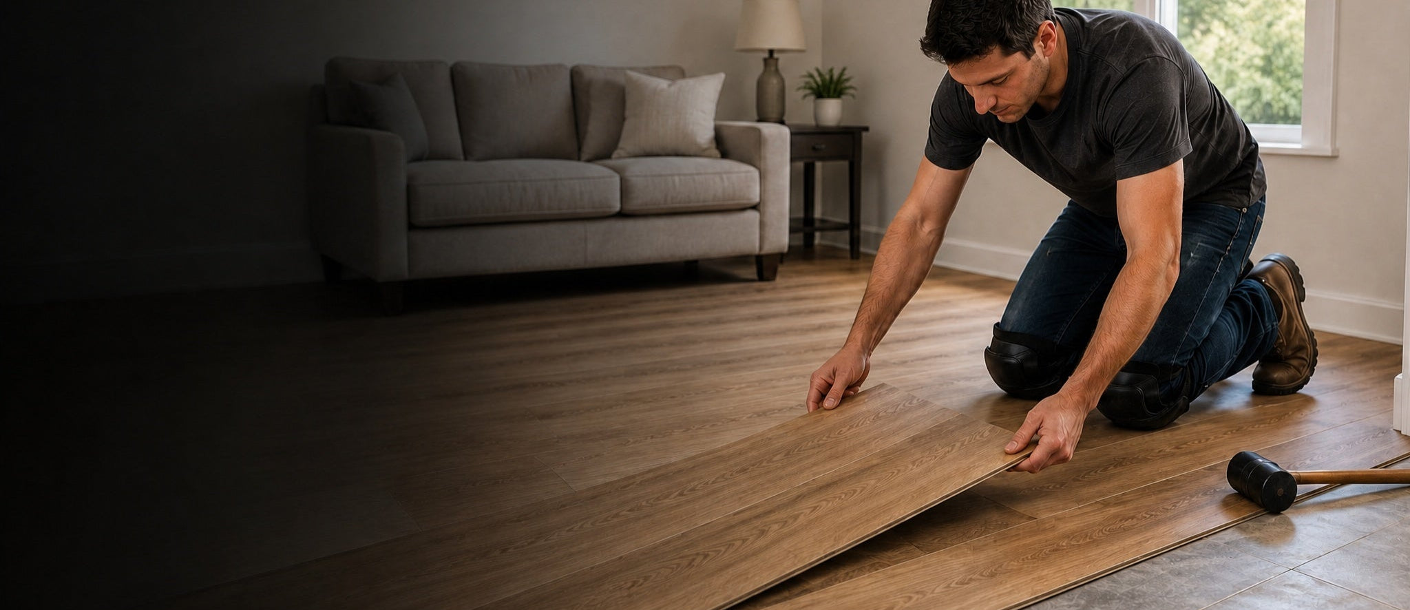 Man installing laminate flooring in a living room.