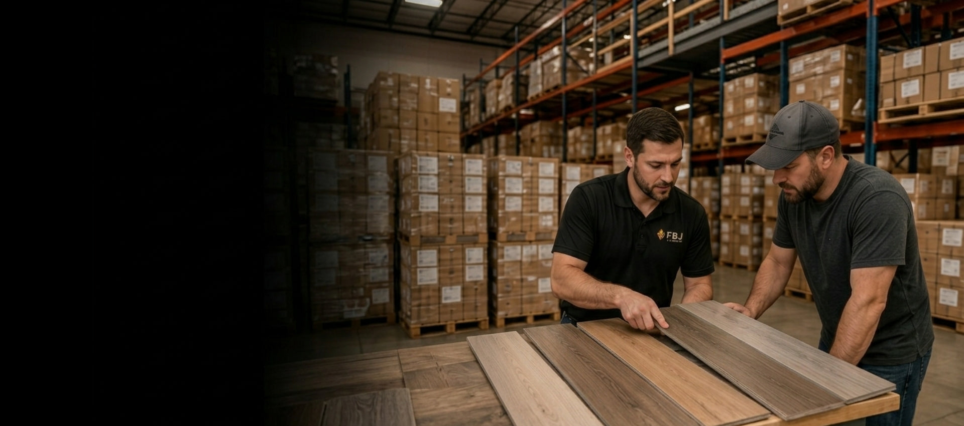 Two men inspecting wooden flooring in a warehouse setting.