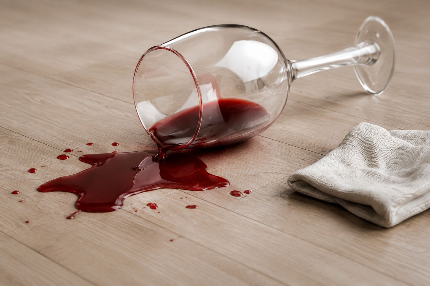 Spilled red liquid from a wine glass on a wooden surface with a cloth nearby.
